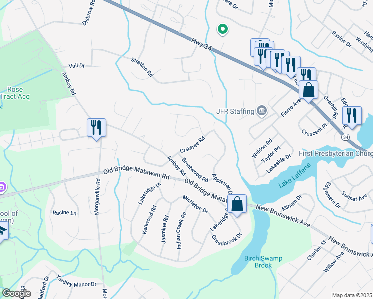 map of restaurants, bars, coffee shops, grocery stores, and more near 10 Crabtree Road in Matawan