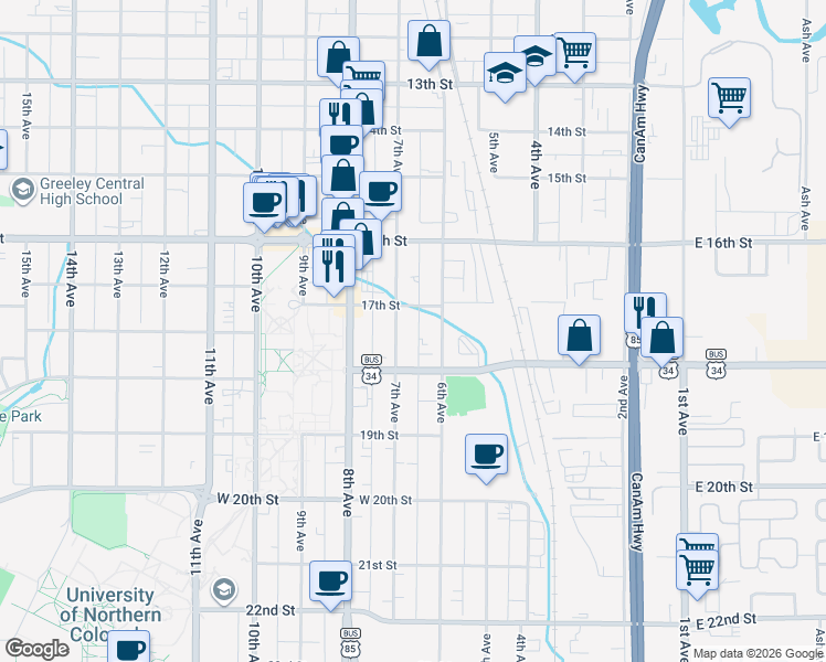 map of restaurants, bars, coffee shops, grocery stores, and more near 614 17th Street in Greeley