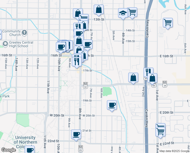 map of restaurants, bars, coffee shops, grocery stores, and more near 1720 7th Avenue in Greeley
