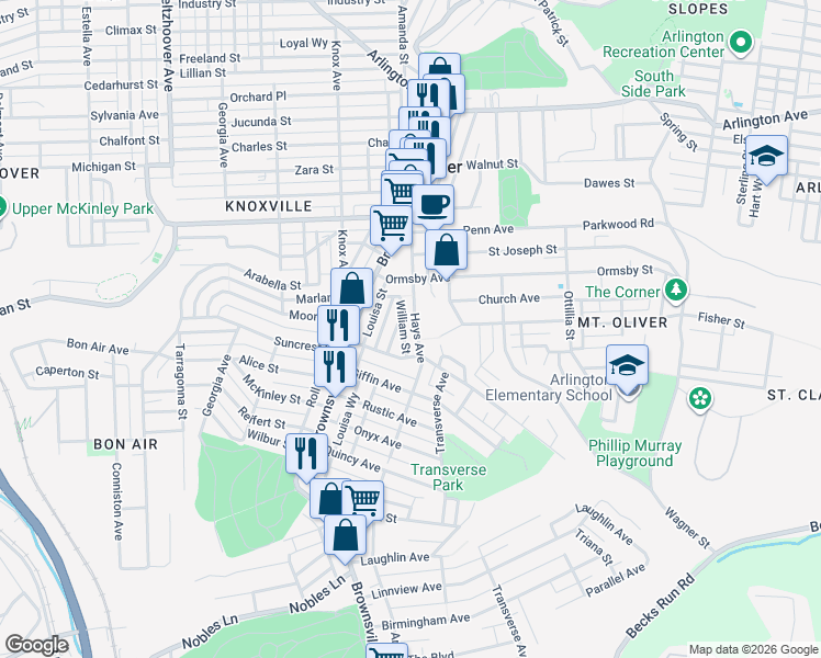 map of restaurants, bars, coffee shops, grocery stores, and more near 430 Hays Avenue in Pittsburgh