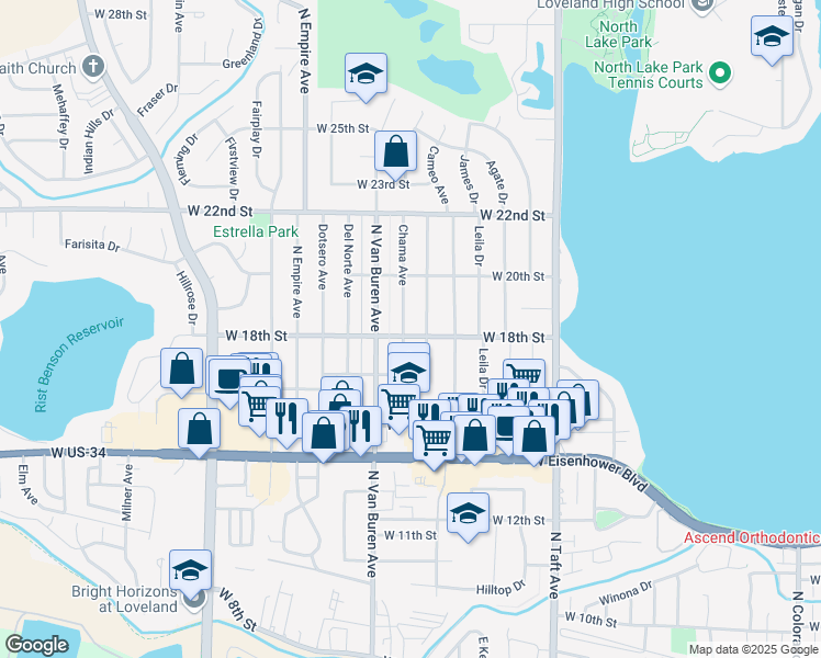 map of restaurants, bars, coffee shops, grocery stores, and more near 1802 North Chama Avenue in Loveland