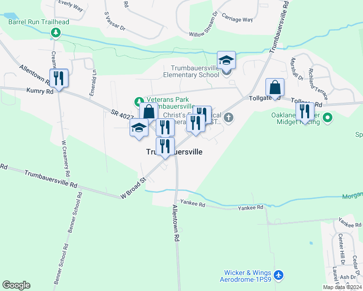 map of restaurants, bars, coffee shops, grocery stores, and more near 10 East Broad Street in Quakertown