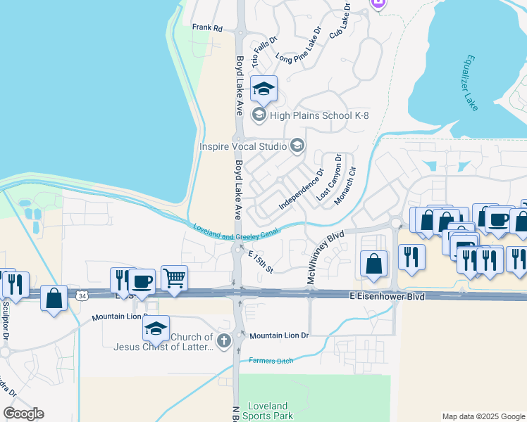 map of restaurants, bars, coffee shops, grocery stores, and more near 4022 Temple Gulch Circle in Loveland