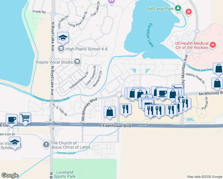 map of restaurants, bars, coffee shops, grocery stores, and more near 1963 Grays Peak Drive in Loveland