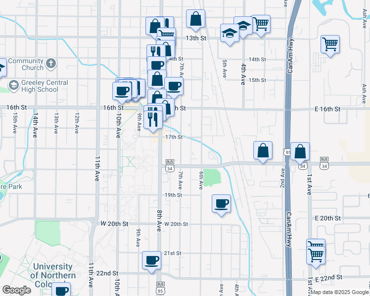 map of restaurants, bars, coffee shops, grocery stores, and more near 1705 7th Avenue in Greeley