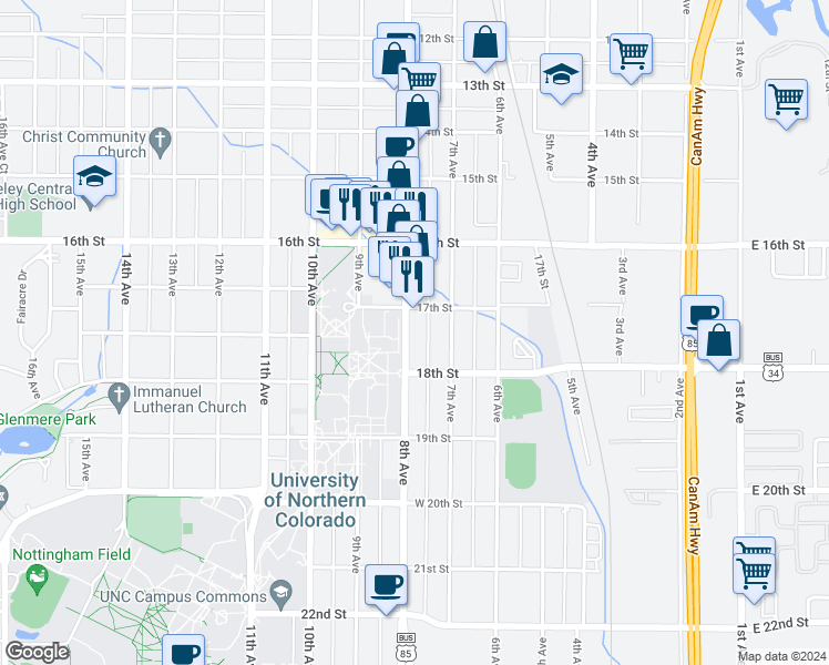map of restaurants, bars, coffee shops, grocery stores, and more near 1702 U.S. 85 Business in Greeley