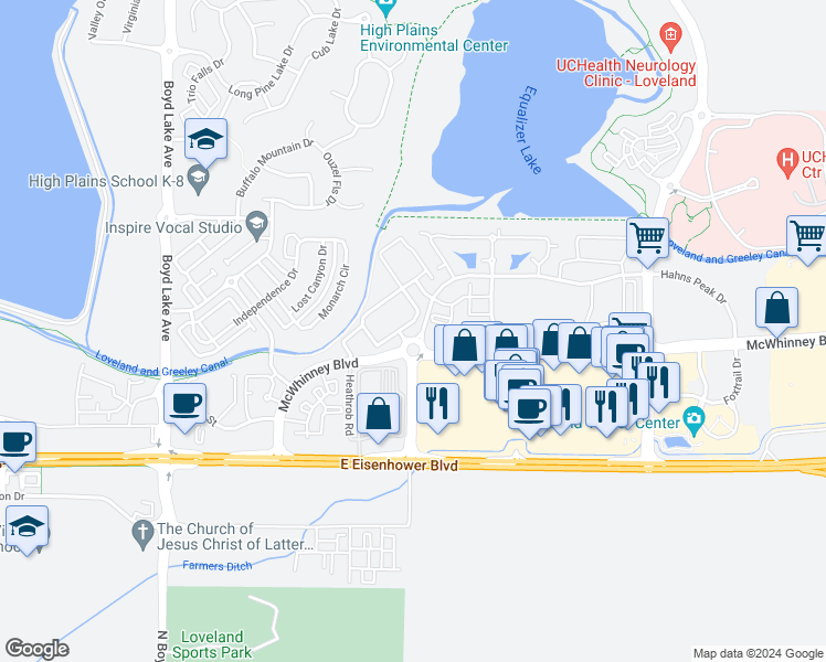 map of restaurants, bars, coffee shops, grocery stores, and more near 1963 Grays Peak Drive in Loveland