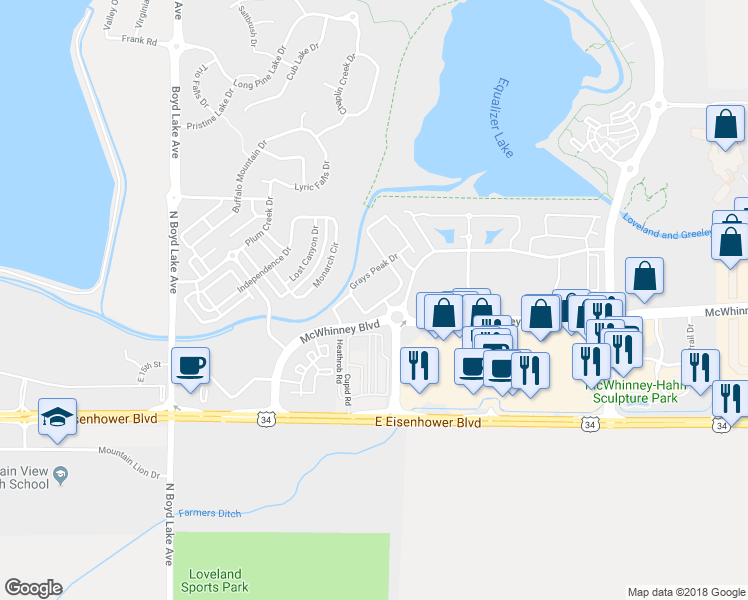 map of restaurants, bars, coffee shops, grocery stores, and more near 1963 Grays Peak Drive in Loveland