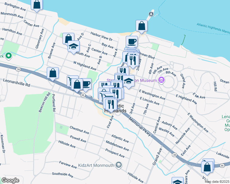 map of restaurants, bars, coffee shops, grocery stores, and more near 13 West Avenue in Atlantic Highlands