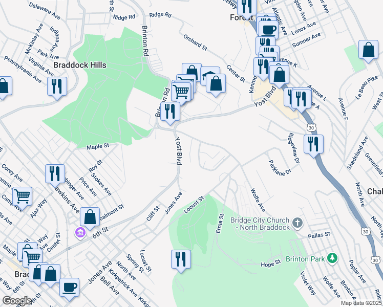 map of restaurants, bars, coffee shops, grocery stores, and more near 1700 Brinton Manor Drive in Pittsburgh