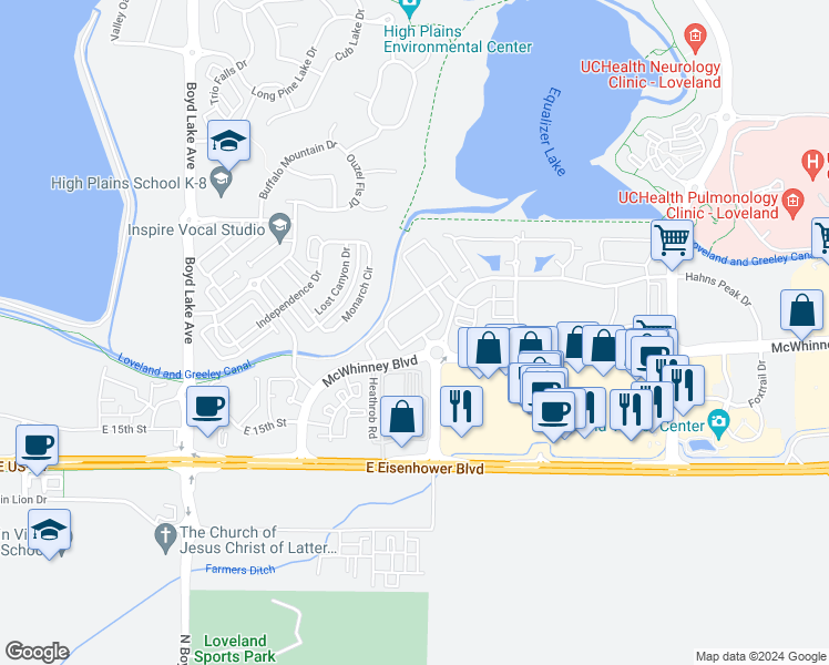 map of restaurants, bars, coffee shops, grocery stores, and more near 1935 Grays Peak Drive in Loveland