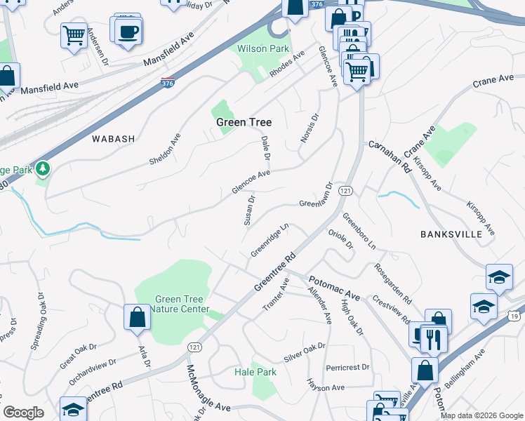 map of restaurants, bars, coffee shops, grocery stores, and more near 1122 Greenlawn Drive in Pittsburgh