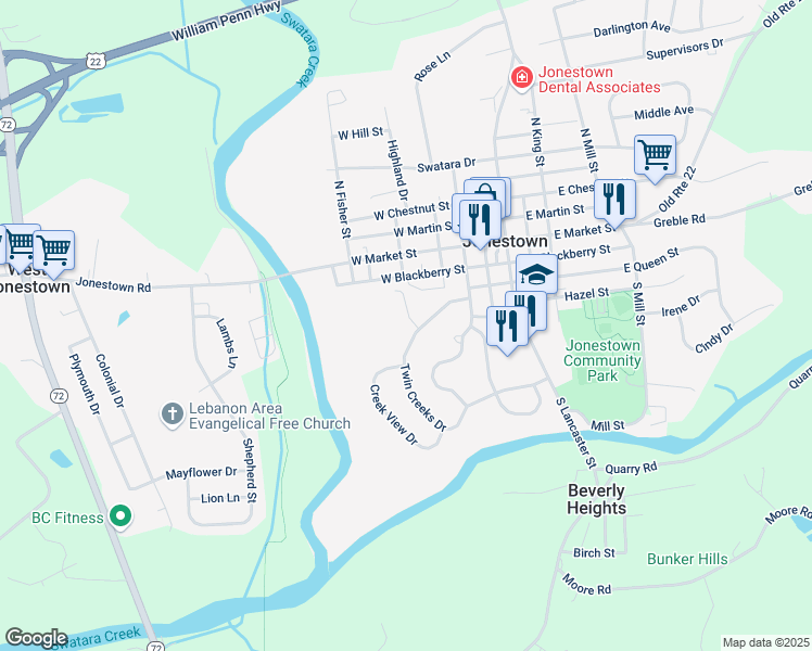 map of restaurants, bars, coffee shops, grocery stores, and more near 9 Williamsburg Drive in Jonestown