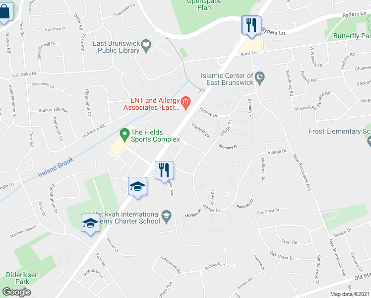 map of restaurants, bars, coffee shops, grocery stores, and more near 24 Lewis Court in East Brunswick