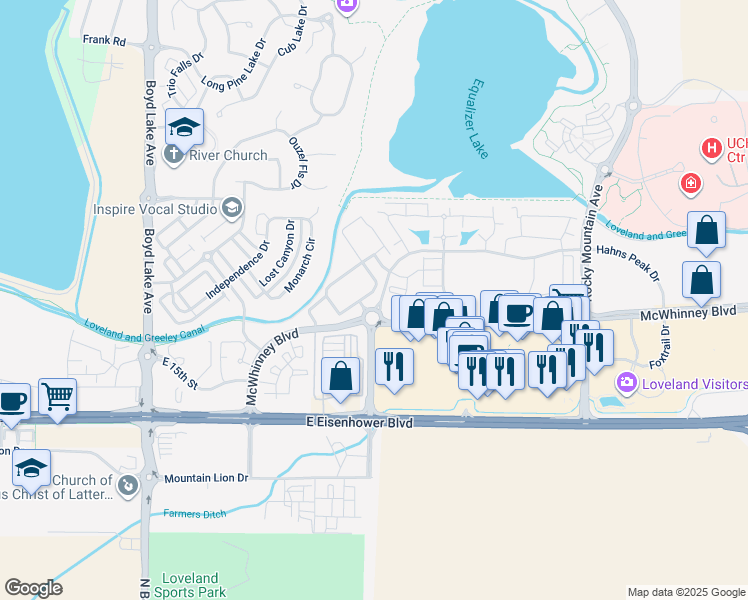 map of restaurants, bars, coffee shops, grocery stores, and more near 1977 Grays Peak Drive in Loveland