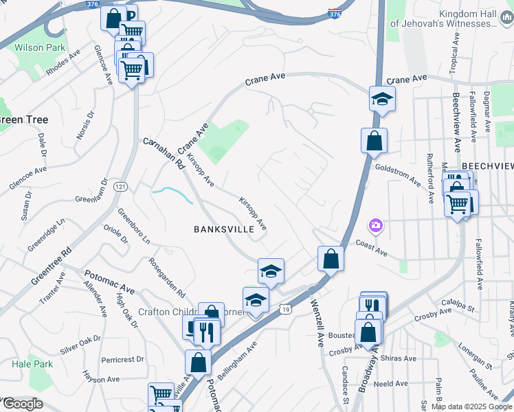 map of restaurants, bars, coffee shops, grocery stores, and more near 1168 Kirsopp Avenue in Pittsburgh