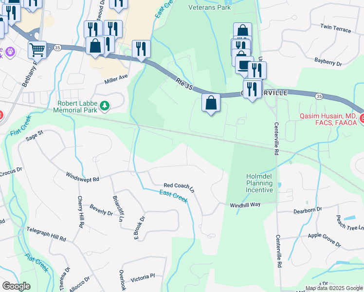 map of restaurants, bars, coffee shops, grocery stores, and more near 5 Red Berry Road in Holmdel