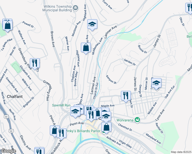 map of restaurants, bars, coffee shops, grocery stores, and more near 534 Larimer Avenue in Turtle Creek