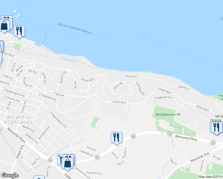 map of restaurants, bars, coffee shops, grocery stores, and more near Lawrie Road & Hilton Road in Atlantic Highlands