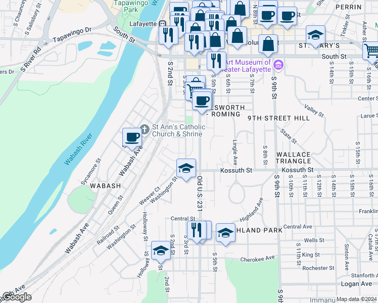 map of restaurants, bars, coffee shops, grocery stores, and more near 549 South 3rd Street in Lafayette