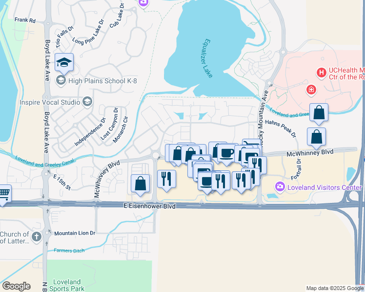 map of restaurants, bars, coffee shops, grocery stores, and more near 1875 Fall River Drive in Loveland