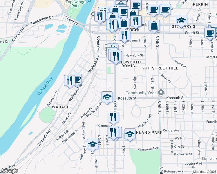 map of restaurants, bars, coffee shops, grocery stores, and more near 530 South 4th Street in Lafayette
