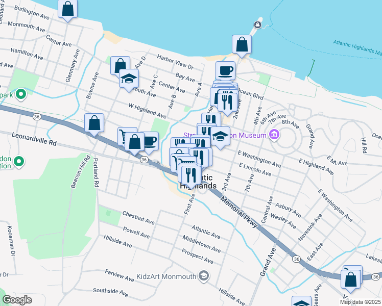 map of restaurants, bars, coffee shops, grocery stores, and more near 13 West Avenue in Atlantic Highlands