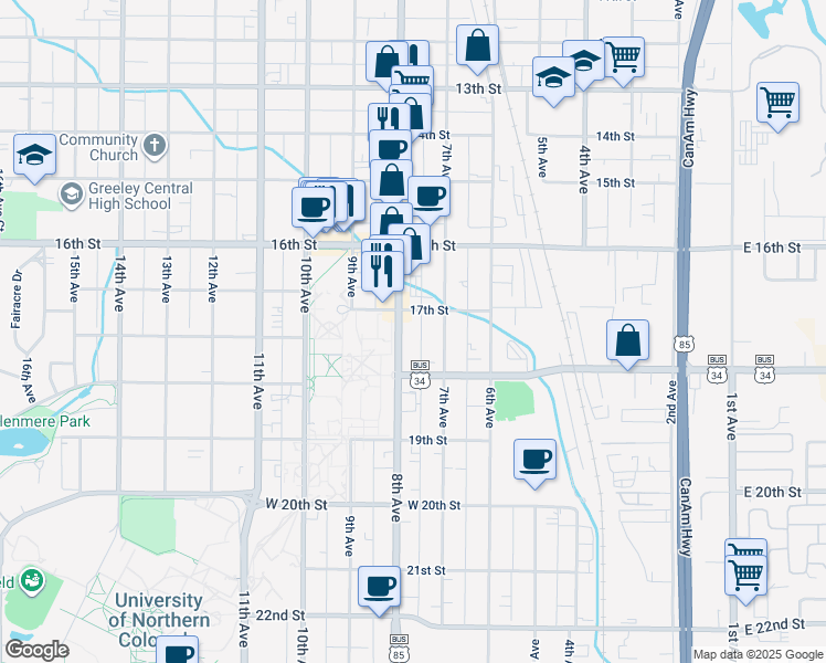 map of restaurants, bars, coffee shops, grocery stores, and more near 1702 U.S. 85 Business in Greeley