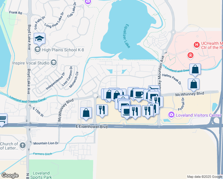 map of restaurants, bars, coffee shops, grocery stores, and more near 1875 Fall River Drive in Loveland