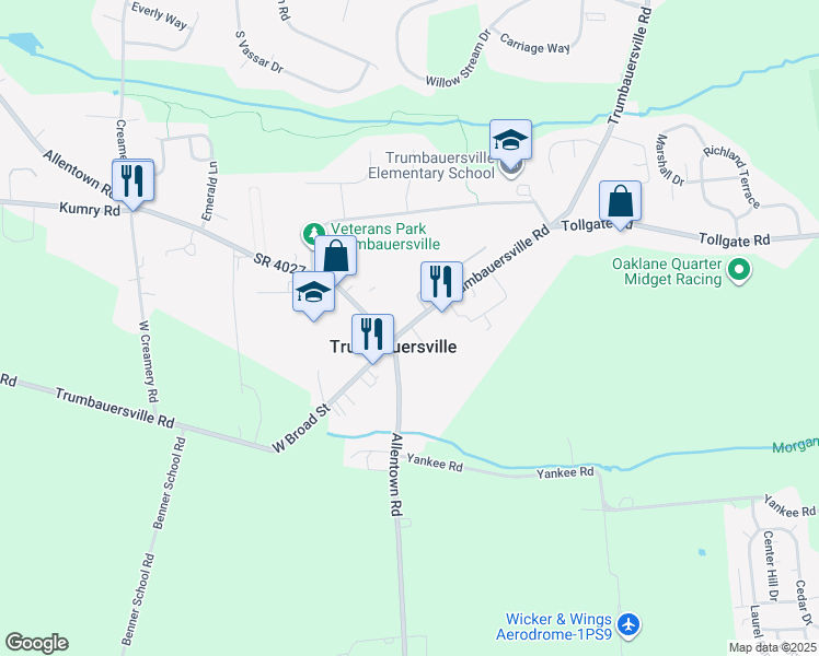 map of restaurants, bars, coffee shops, grocery stores, and more near 13 East Broad Street in Trumbauersville