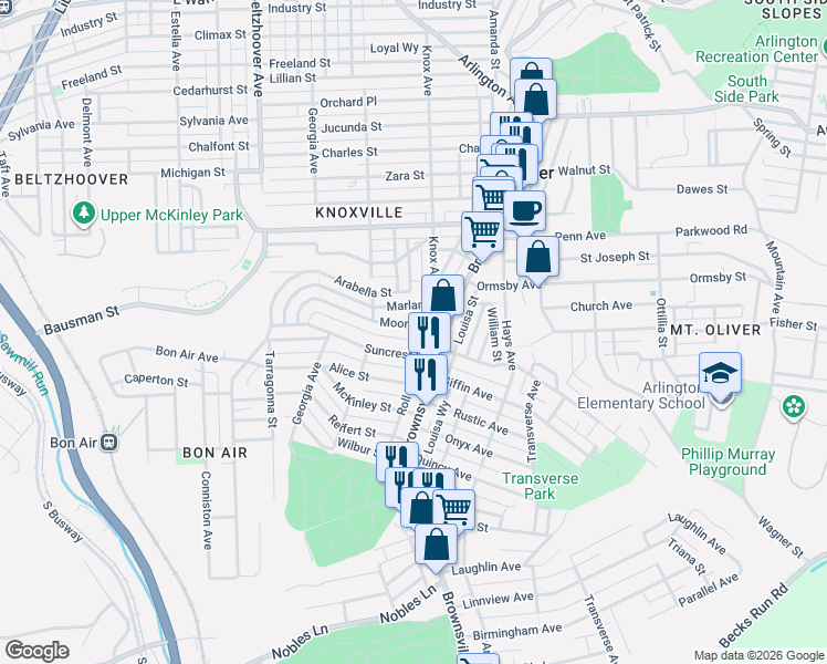 map of restaurants, bars, coffee shops, grocery stores, and more near 225 Moore Avenue in Pittsburgh