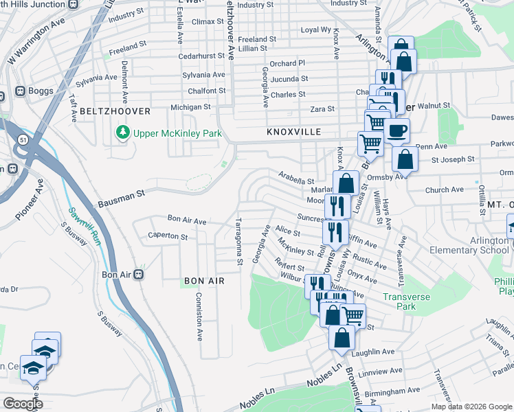 map of restaurants, bars, coffee shops, grocery stores, and more near 347 Suncrest Street in Pittsburgh