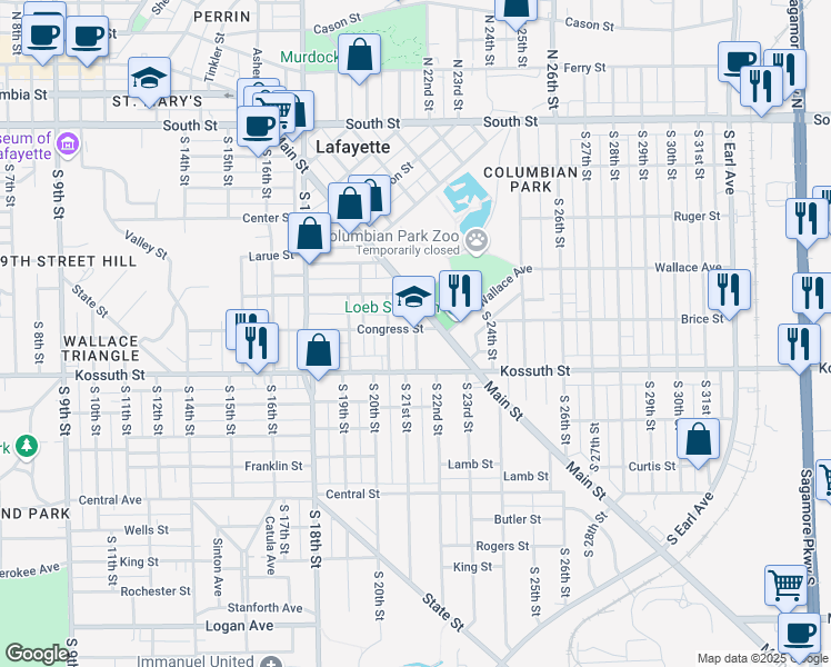 map of restaurants, bars, coffee shops, grocery stores, and more near 2115 Main Street in Lafayette