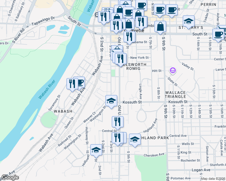 map of restaurants, bars, coffee shops, grocery stores, and more near 530 South 4th Street in Lafayette