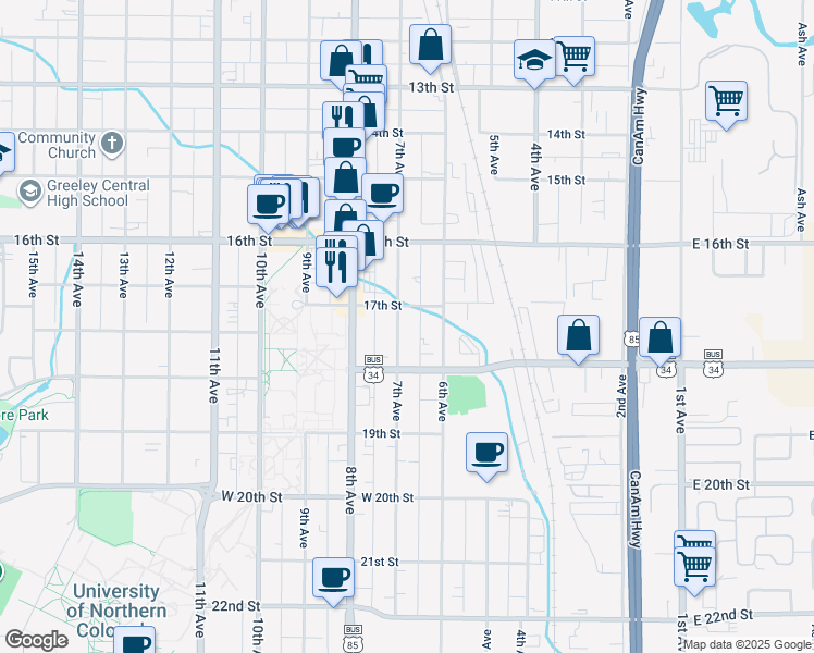 map of restaurants, bars, coffee shops, grocery stores, and more near 1716 7th Avenue in Greeley