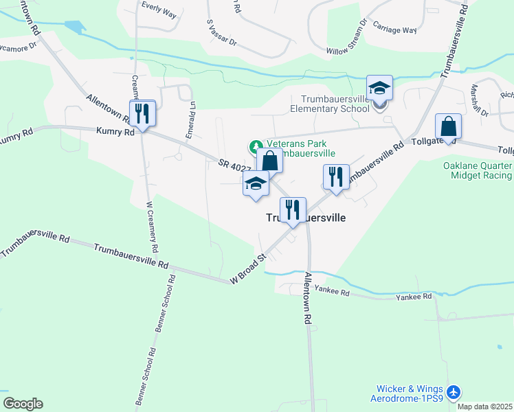 map of restaurants, bars, coffee shops, grocery stores, and more near in Trumbauersville