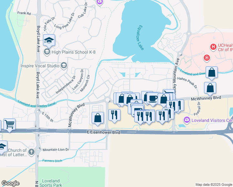 map of restaurants, bars, coffee shops, grocery stores, and more near 4612 Hahns Peak Drive in Loveland