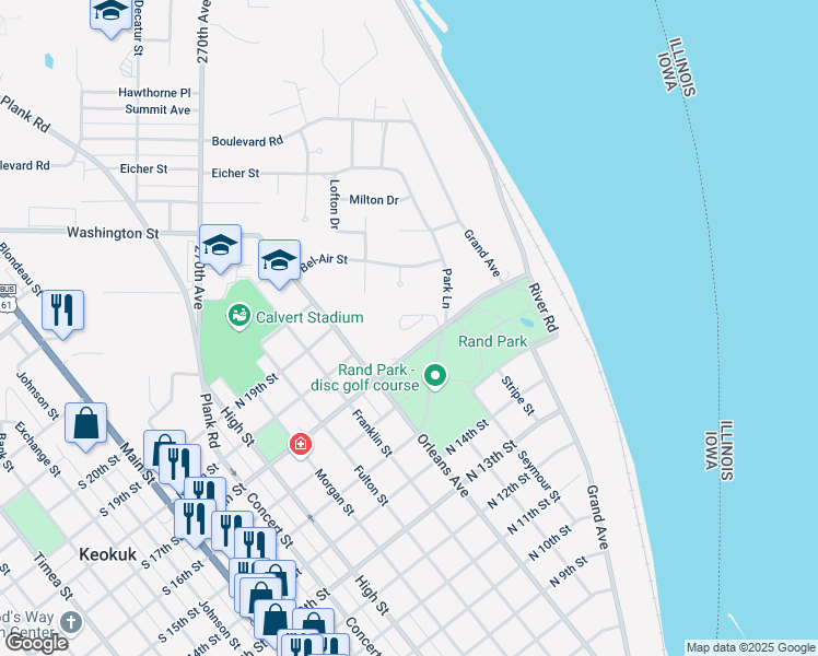 map of restaurants, bars, coffee shops, grocery stores, and more near Park View Street in Keokuk