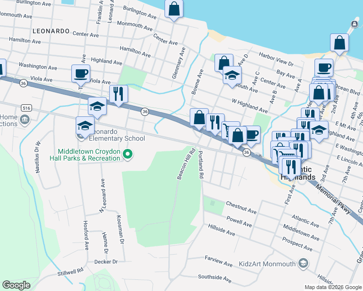 map of restaurants, bars, coffee shops, grocery stores, and more near 947 Leonardville Road in Atlantic Highlands