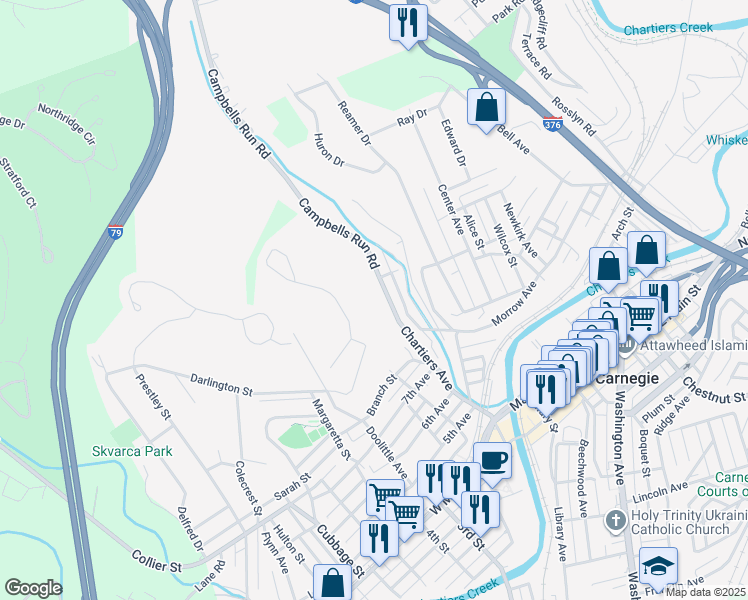 map of restaurants, bars, coffee shops, grocery stores, and more near 902 Chartiers Avenue in Carnegie