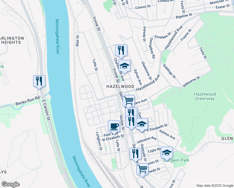 map of restaurants, bars, coffee shops, grocery stores, and more near 4000 Second Avenue in Pittsburgh