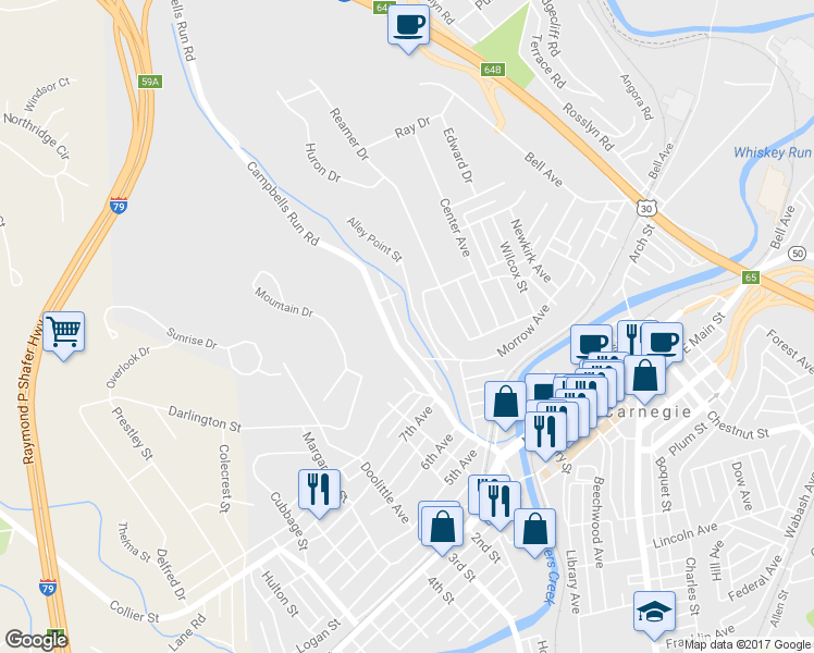 map of restaurants, bars, coffee shops, grocery stores, and more near 49 Wagner Street in Carnegie