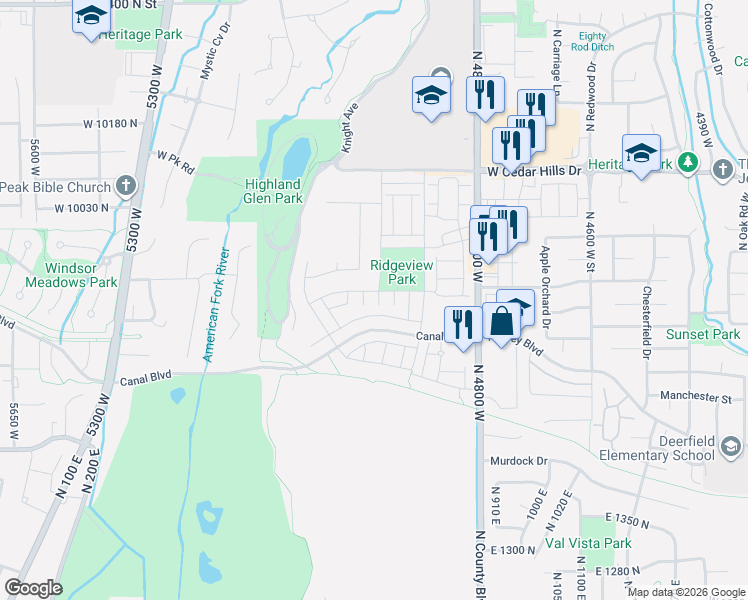 map of restaurants, bars, coffee shops, grocery stores, and more near 9822 Meadow Ln in Highland