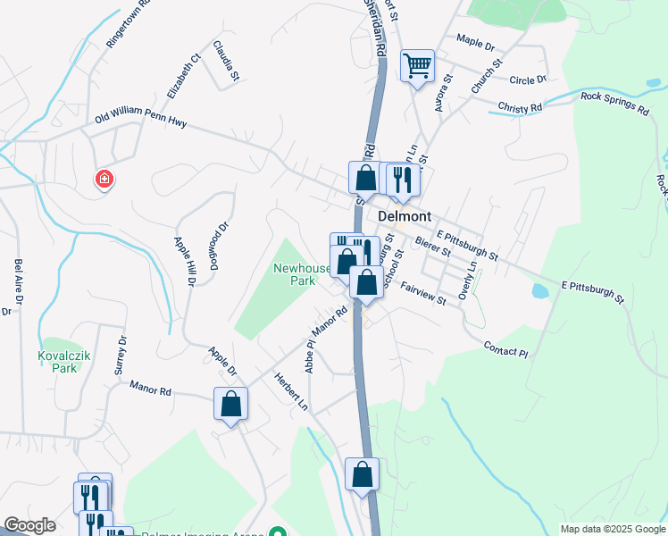 map of restaurants, bars, coffee shops, grocery stores, and more near 119 Stotler Drive in Delmont