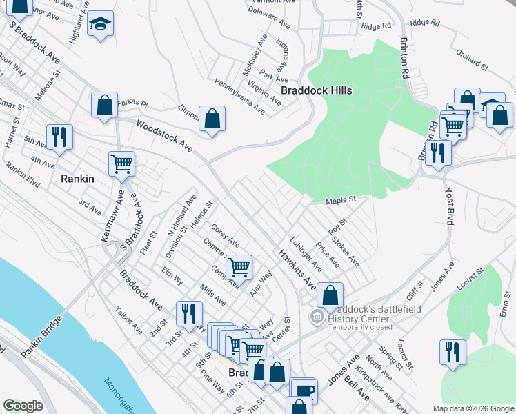 map of restaurants, bars, coffee shops, grocery stores, and more near 247 Lobinger Avenue in Braddock