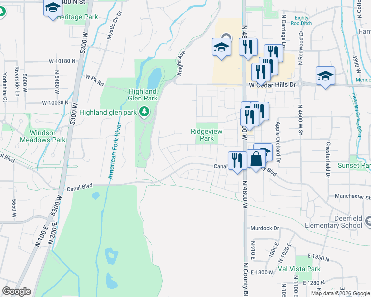map of restaurants, bars, coffee shops, grocery stores, and more near 9873 Sunnybank Pl in Highland