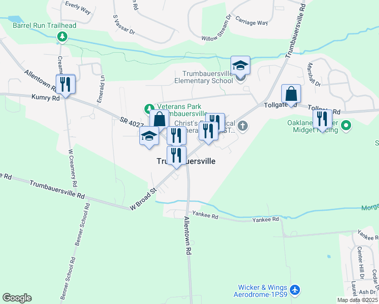 map of restaurants, bars, coffee shops, grocery stores, and more near 5 East Broad Street in Quakertown