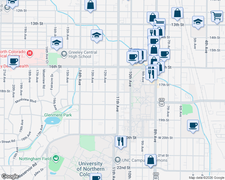 map of restaurants, bars, coffee shops, grocery stores, and more near 1727 11th Avenue in Greeley