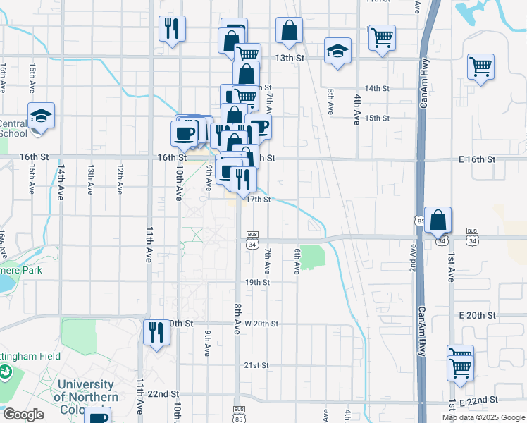 map of restaurants, bars, coffee shops, grocery stores, and more near 1705 7th Avenue in Greeley