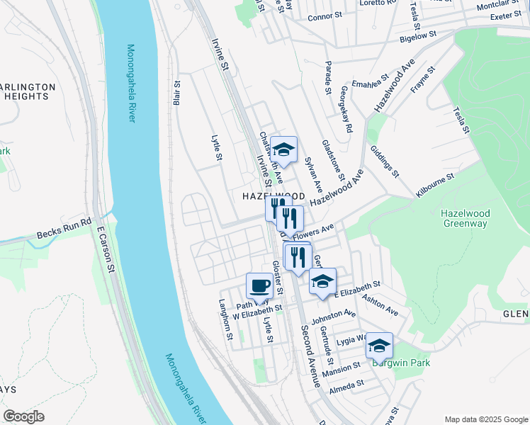 map of restaurants, bars, coffee shops, grocery stores, and more near 4620 Second Avenue in Pittsburgh